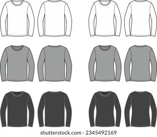 Long sleeve jumper flat sketch. Sweatshirt apparel design. Front and back. Men and women CAD mockup. Technical drawing template. Vector illustration.