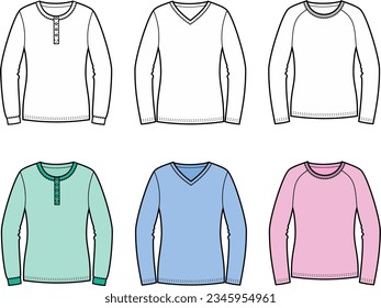 Long sleeve jumper flat sketch. Sweatshirt apparel design. Front and back. Women CAD mockup. Fashion technical drawing template. Vector illustration.