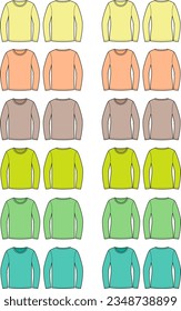 Long sleeve jumper flat sketch. Sweatshirt apparel design. Front and back. Men and women CAD mockup. Technical drawing template. Vector illustration.