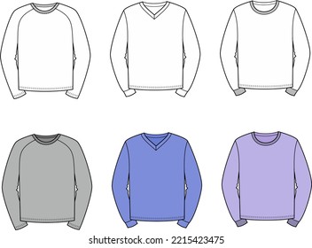 Long sleeve jumper set flat sketch. Sweatshirt apparel design. Front view. Men CAD mockup. Fashion technical drawing template. Vector illustration.