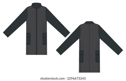 Long sleeve knee length coat jacket technical drawing fashion flat sketch vector illustration template front and back isolated on white background.