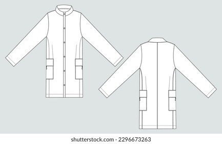 Long sleeve knee length coat jacket technical drawing fashion flat sketch vector illustration template front and back isolated on grey background.