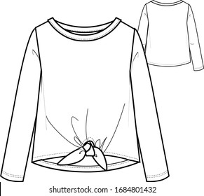 long sleeve knotted hem detail tee flat sketch