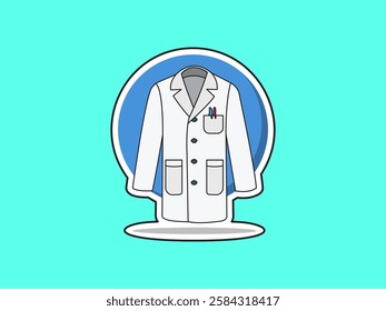 Long sleeve lab coat icon illustration design, with pocket pen, personal protective equipment for laboratory work activities, black outline sticker style icon vector isolated on turquoise background