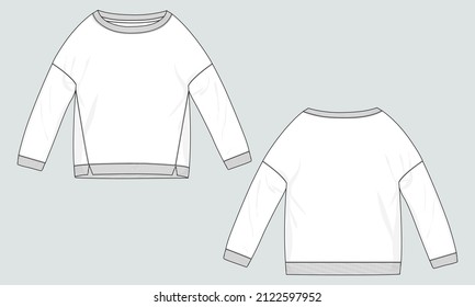 Long Sleeve ladies Sweatshirt Technical Fashion flat sketch Vector Illustration Template Front and Back views. Apparel Clothing Mock up Women's Unisex CAD.
