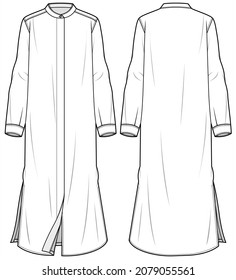 Long Sleeve Mandarin Collar Full Placket Maxi Dress With Side Slit, Modesty Abaya, Modesty Dress. Front and Back View. Fashion Illustration, Vector, CAD, Technical Drawing, Flat Drawing.