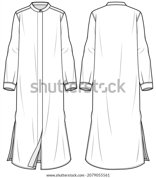 Long Sleeve Mandarin Collar Full Placket Maxi\
Dress With Side Slit, Modesty Abaya, Modesty Dress. Front and Back\
View. Fashion Illustration, Vector, CAD, Technical Drawing, Flat\
Drawing.