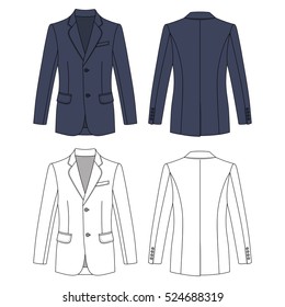 Long sleeve man's buttoned gray colored jacket outlined template (front & back view), vector illustration isolated on white background