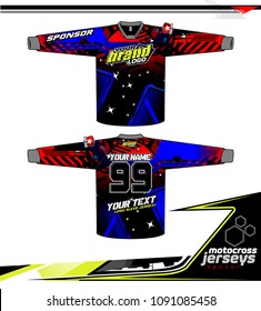 Long sleeve Motocross jerseys t-shirts vector, 
graphic design for football uniforms, unisex cycling, navy submariner and sportswear.