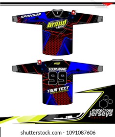 Long sleeve Motocross jerseys t-shirts vector, 
graphic design for football uniforms, unisex cycling, navy submariner and sportswear.