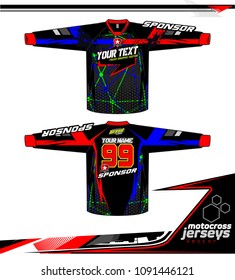 Long sleeve Motocross jerseys t-shirts vector, 
graphic design for football uniforms, unisex cycling, navy submariner and sportswear.