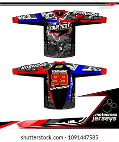 Long sleeve Motocross jerseys t-shirts vector, 
graphic design for football uniforms, unisex cycling, navy submariner and sportswear.