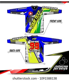 Long sleeve Motocross jerseys t-shirts vector, 
graphic design for football uniforms, unisex cycling, navy submariner and sportswear.