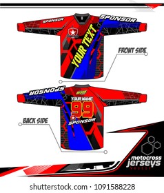 Long sleeve Motocross jerseys t-shirts vector, 
graphic design for football uniforms, unisex cycling, navy submariner and sportswear.