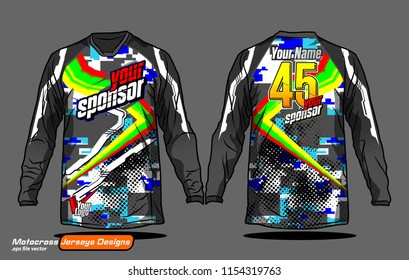 Long sleeve Motocross jerseys t-shirts vector, 
graphic design for football uniforms, unisex cycling, navy submariner and sportswear.