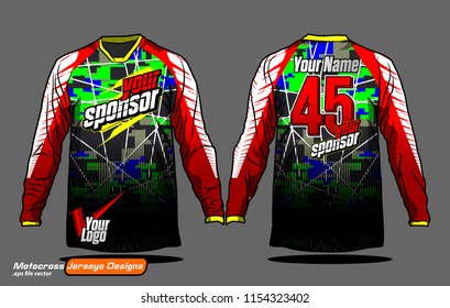 Long sleeve Motocross jerseys t-shirts vector, 
graphic design for football uniforms, unisex cycling, navy submariner and sportswear.