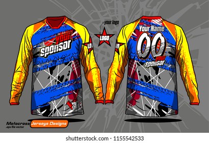 Long sleeve Motocross jerseys t-shirts vector, 
graphic design for football uniforms, unisex cycling, navy submariner and sportswear.