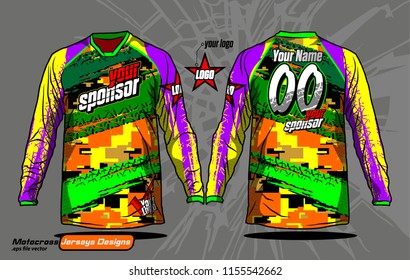 Long sleeve Motocross jerseys t-shirts vector, 
graphic design for football uniforms, unisex cycling, navy submariner and sportswear.