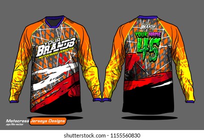 Long sleeve Motocross jerseys t-shirts vector, 
graphic design for football uniforms, unisex cycling, navy submariner and sportswear.