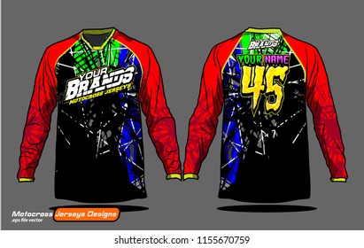 Long sleeve Motocross jerseys t-shirts vector, 
graphic design for football uniforms, unisex cycling, navy submariner and sportswear.