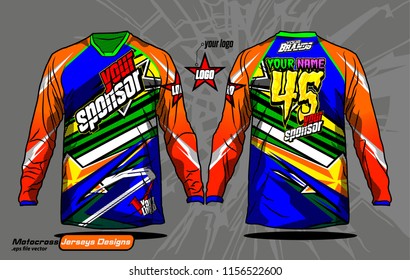 Long sleeve Motocross jerseys t-shirts vector, 
graphic design for football uniforms, unisex cycling, navy submariner and sportswear.