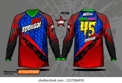 Long sleeve Motocross jerseys t-shirts vector, 
graphic design for football uniforms, unisex cycling, navy submariner and sportswear.