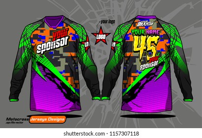 Long sleeve Motocross jerseys t-shirts vector, 
graphic design for football uniforms, unisex cycling, navy submariner and sportswear.