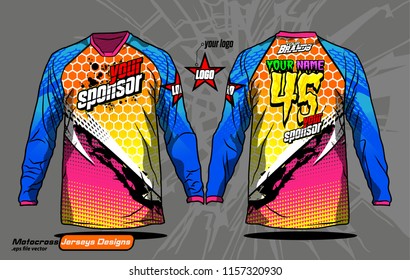 Long sleeve Motocross jerseys t-shirts vector, 
graphic design for football uniforms, unisex cycling, navy submariner and sportswear.