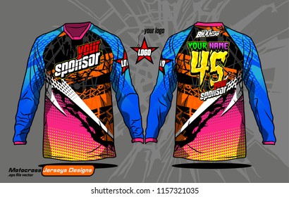 Long sleeve Motocross jerseys t-shirts vector, 
graphic design for football uniforms, unisex cycling, navy submariner and sportswear.