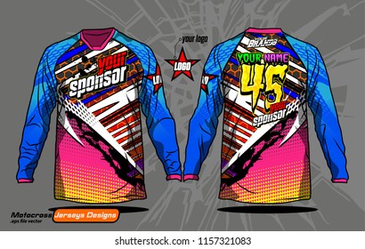 Long sleeve Motocross jerseys t-shirts vector, 
graphic design for football uniforms, unisex cycling, navy submariner and sportswear.