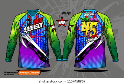 Long sleeve Motocross jerseys t-shirts vector, 
graphic design for football uniforms, unisex cycling, navy submariner and sportswear.
