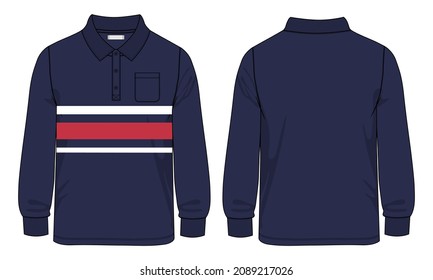 Long Sleeve Navy Color polo Shirt Red and White Chest Stripe with pocket technical Fashion flat sketch Vector Illustration Drawing Template Front And back views isolated on white Background.