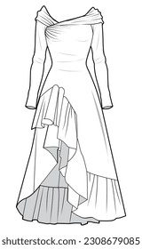 Long Sleeve Off Shoulder Front Open Frilled Dress, Bridal Dress, Party Dress  Fashion Illustration, Vector, CAD, Technical Drawing, Flat Drawing, Template, Mockup.	