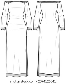 Long Sleeve Off-Shoulder Knit dDress with Side Slit Front and Back View. Fashion Illustration, Vector, CAD, Technical Drawing, Flat Sketch.	