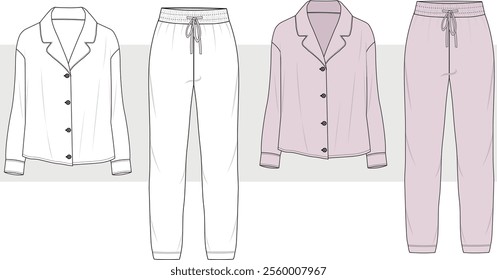 Long Sleeve Pajamas Suit, Nightwear Suit, Sleepwear Suit women, Unisex oversize Fashion Illustration, Vector, Technical Drawing, Mockup. 