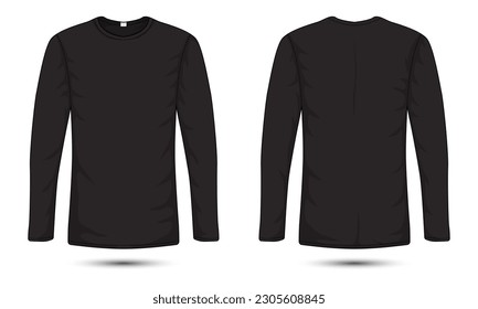 Long sleeve plain black t-shirt front and back view