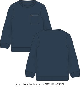 Long sleeve with pocket sweatshirt overall technical fashion flat sketch vector illustration template front and back views. Fleece cotton jersey Apparel clothing Navy blue mock up for men's and boys.