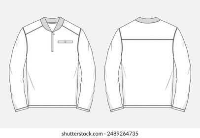 Long sleeve with pocket t shirt technical drawing fashion flat sketch vector illustration template front and back views. 