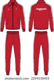 Long sleeve polo collar track suit jacket sweatshirt with jogger track bottom design flat sketch Illustration, running jacket with sweat pant front and back view, winter jacket for Men and women. svg