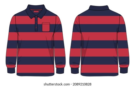 Long Sleeve polo Shirt All over Red and navy blue Stripe with pocket technical Fashion flat sketch Vector Illustration Drawing Template Front And back views isolated on white Background.