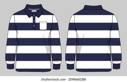 Long Sleeve polo Shirt with Chest navy color Stripe and pocket technical Fashion flat sketch Vector Illustration Drawing Template Front And back views isolated on Grey Background.
