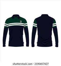 Long Sleeve polo shirt with Chest navy green color  and white Stripes flat sketch Vector Illustration Drawing Template Front And back views isolated on white Background.