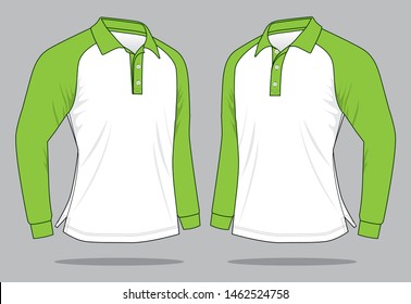 Long Sleeve Polo Shirt Design Vector 
(White / Green)
: Perspective View