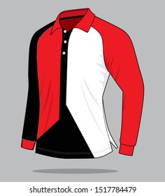 Long Sleeve Polo Shirt Design Vector 
(White / Red / Black)
: Perspective View