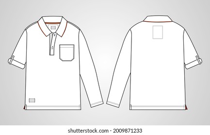 Long Sleeve Polo Shirt With Pocket Overall Technical Fashion Drawing Flat Sketch Template Front And Back View. Apparel Dress Design Vector Illustration Mockup Polo Tee CAD.