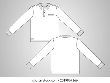 Long Sleeve Polo Shirt With Pocket Overall Technical Fashion Drawing Flat Sketch Template Front And Back View. Apparel Dress Design Vector Illustration Mockup  Tee CAD.