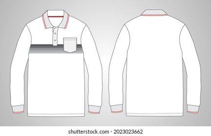 Long Sleeve Polo Shirt With Pocket And Chest Stripe Overall Technical Fashion Drawing Flat Sketch Template Front And Back View. Apparel Dress Design Vector Illustration Mockup Polo Tee CAD.