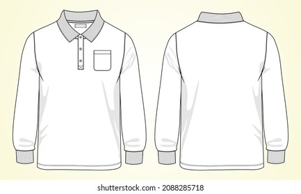 Long sleeve Polo shirt with pocket technical fashion flat sketch vector illustration template front and back views.
