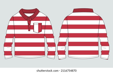 Long Sleeve polo shirt With Red Color Stripe Technical Fashion flat sketch Vector Illustration Template Front and Back views. Apparel Clothing Design Mock up Polo t shirt CAD.