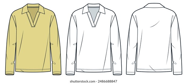 Long Sleeve Polo Shirt technical fashion illustration. V Neck Shirt fashion flat technical drawing template, relaxed fit, front and back view, white, yellow, women, men, unisex Top CAD mockup set.